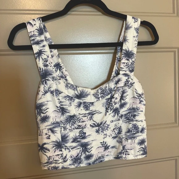 Abercrombie & Fitch Linen Crop Top Blue Tropical - Picture 2 of 4